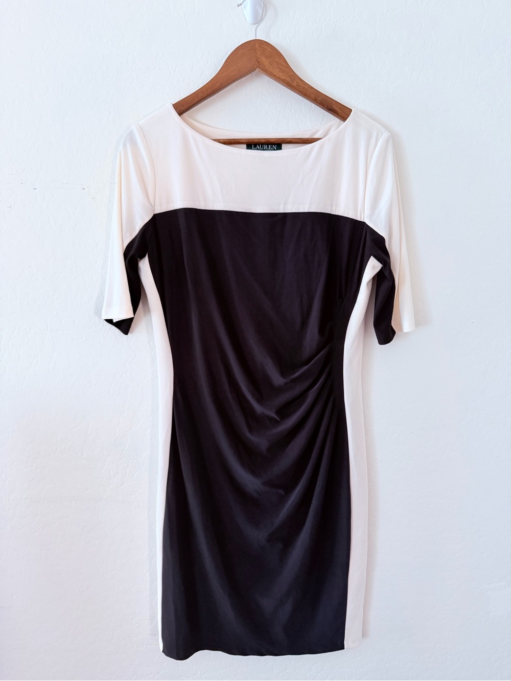 Lauren Ralph Lauren Black White Colorblock Ruched Sheath Dress Size 14